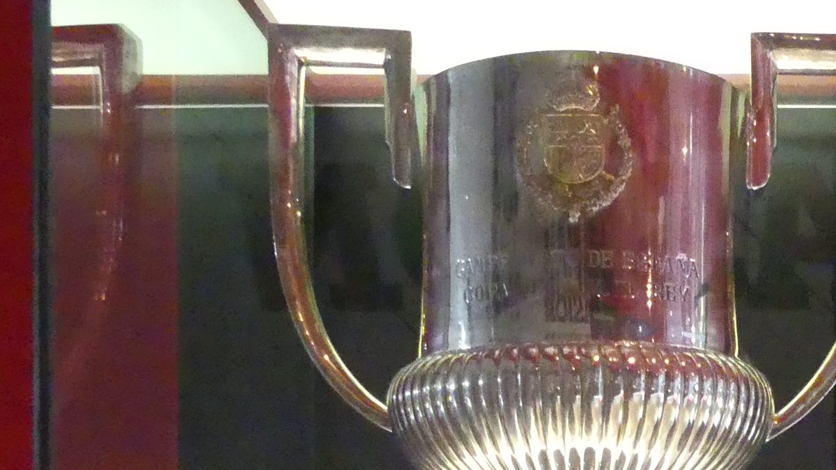 The Copa del Rey trophy on display in the museum at Sevilla's Ramón Sánchez-Pizjuán stadium